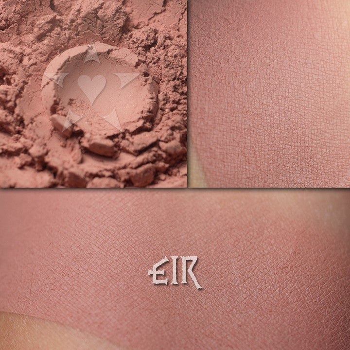 Collage showing Eir matte eyeshadow loose and swatched on the skin. Soft peachy pink buff. Matte finish.