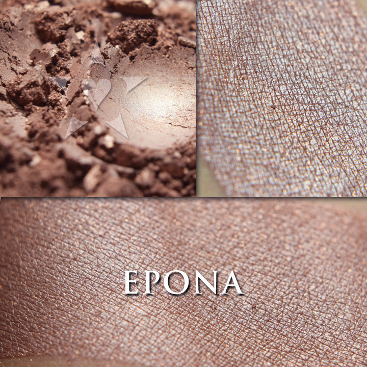EPONA - rouge/highlight/bronze loose and swatched on the skin. a cool pinkish beige with silvery highlight and delicate metallic copper shimmers.