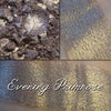 Mauvey brown with strong golden shift eyeshadow, swatched on skin and loose. Evening Primrose.