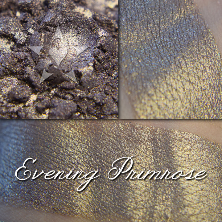 Mauvey brown with strong golden shift eyeshadow, swatched on skin and loose. Evening Primrose.