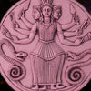 Ancient coin showing Hecate fighting off snakes.