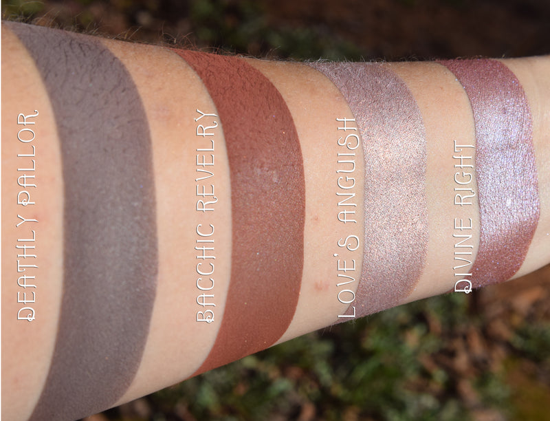 Skin swatches of contour powders and highlgters on medium tone caucasian skin. Rich terracotta brown/mahogany.