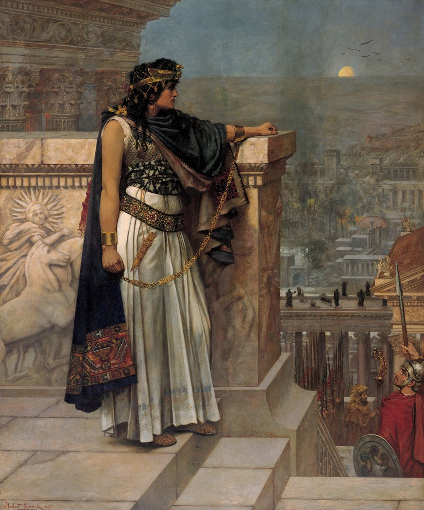 Classical painting of Zenobia in ornate robes looking out over a city.