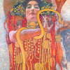 Gustav Klimt painting of the Goddess Hygeia in painterly style and shades of mostly red and gold.