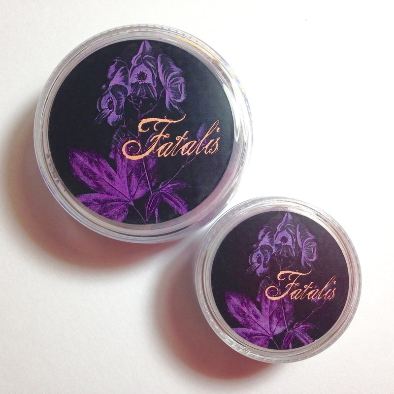 ACONITUM NAPELLUS Multipurpose contour powder jars showing a full sized jar with a black and purple label, and a mini jar with a black and purple label.