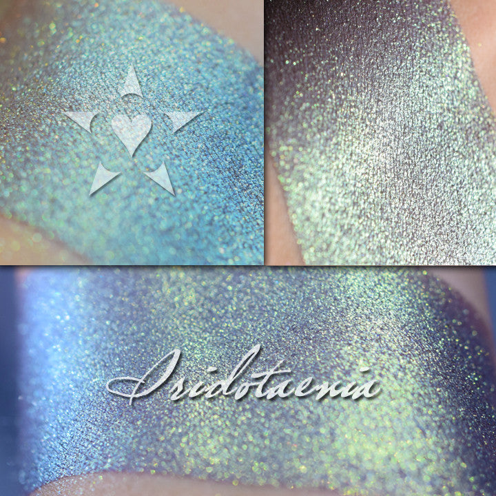 IRIDOTAENIA - Vintage Aromaleigh Eyeshadow swatched on the skin in three views.  A muted deep blurple with gold to green iridescence