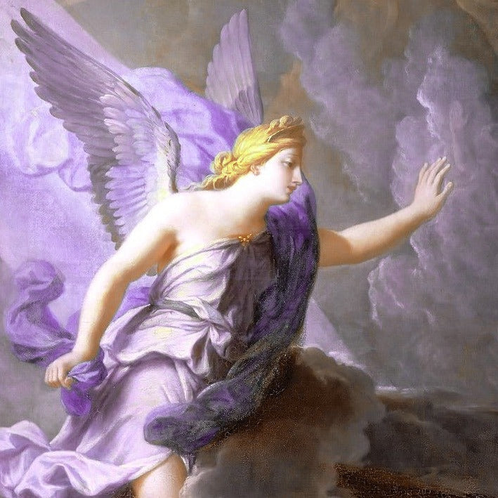 Detail of a painting depicting the Greek Goddess Iris, with purple wings and robes, amidst the clouds.