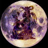 Photo collage of the moon in purple tones with black sillhouette of Goddess Ixchel laid over the top.