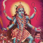 Vivid illustration of the Goddess Kali with blue skin, flowing hair and four arms. Against a bright red background.