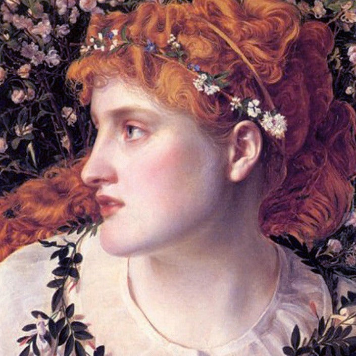 Painting on a pale skinned woman with red hair and a crown of flowers.