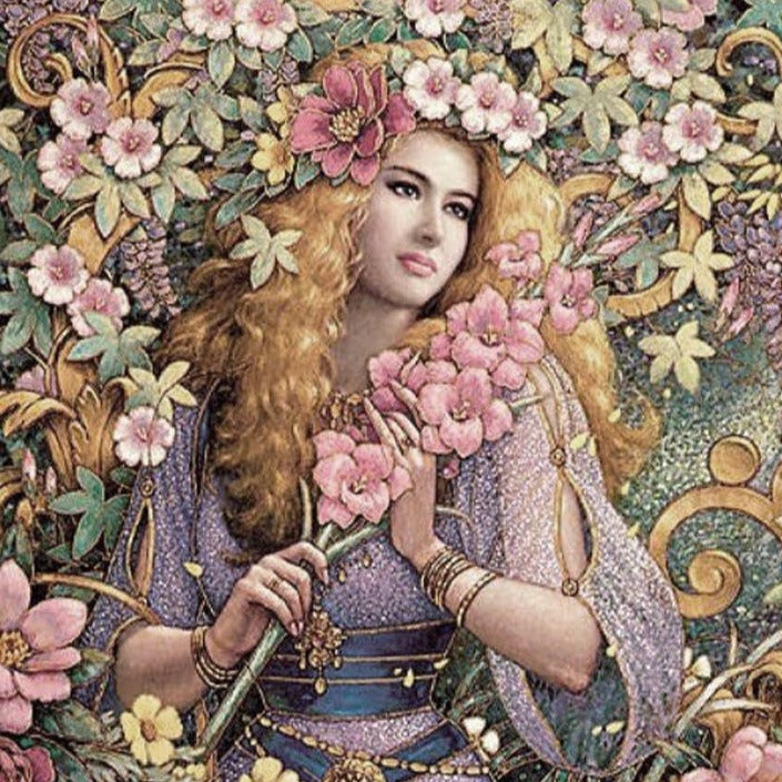 Painting in pastel tones of a woman with long curly blonde hair, surrounded by flowers and holding a sprig of flowers.