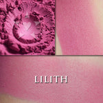 LILITH rouge loose and swatched on the skin. Lilith is a vivid berry pink, soft luster (almost matte) finish rouge. 