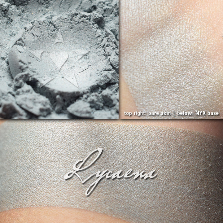 Lycaena illuminator loose and swatched on the skin. A pale heathery grey-blue