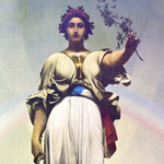 THe Goddess Libertas in white robes and red white and blue sash, holding up an olive branch.