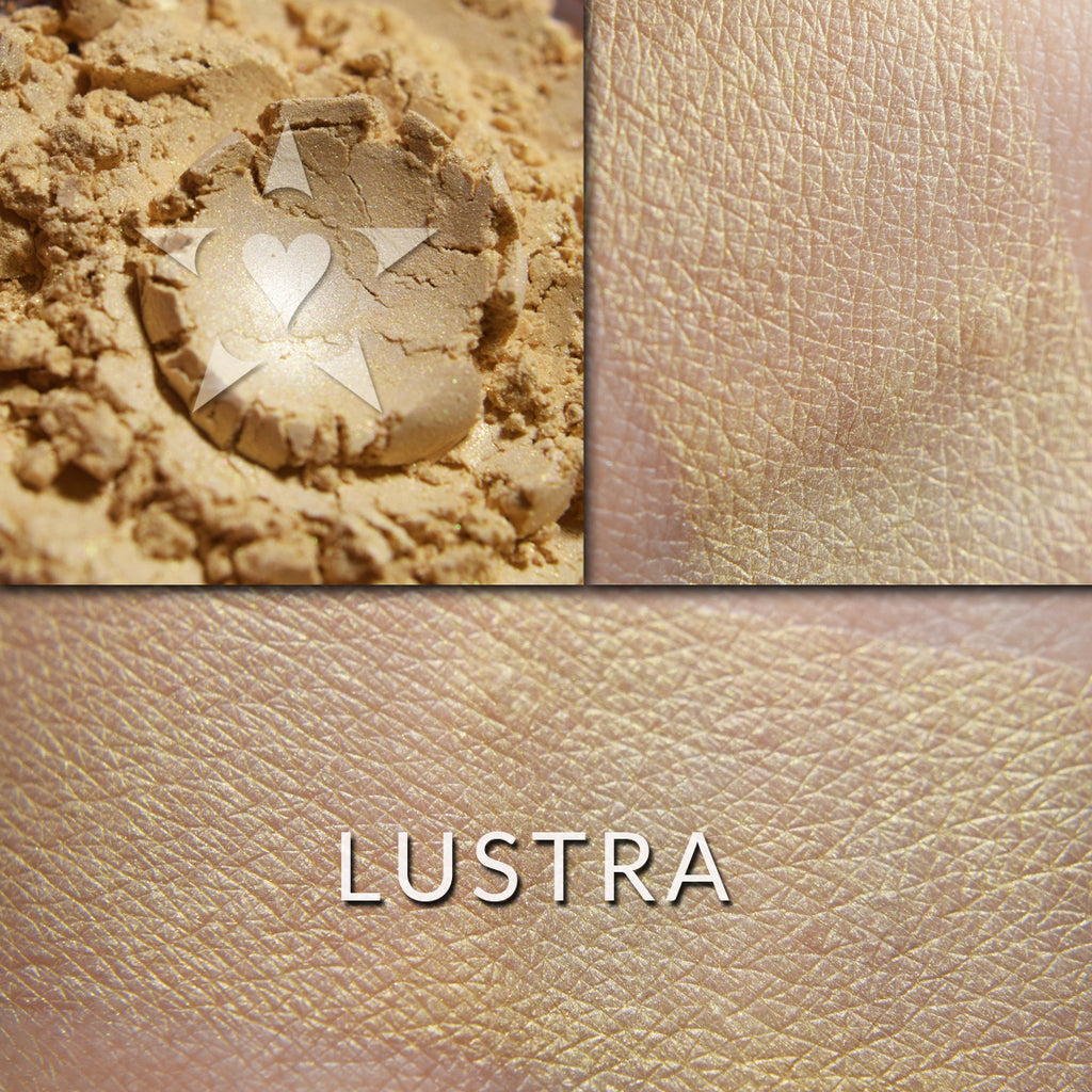 Lustra Multipurpose Illuminator loose and swatched on the skin. LUSTRA: A soft wash of sunlight, with a delicate peach highlight.