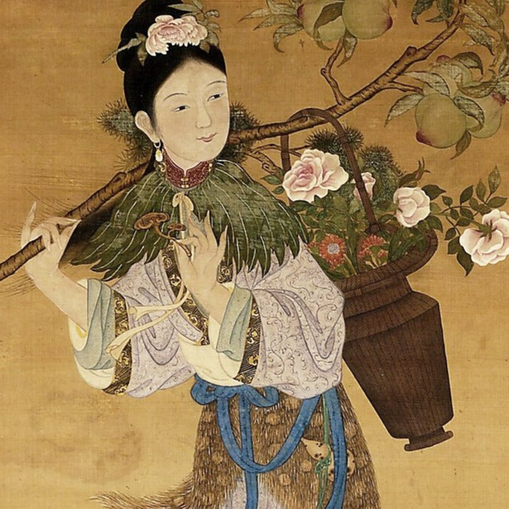 Asian style drawing in earth tones and gold of the Goddess Magu with a basket of flowers.