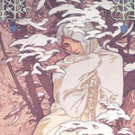 Pastel drawing of a woman wrapped in a white cloak in the snowy forest at dusk.