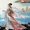 Painting of Mazu in flowing white and coral robes standing on a cliff over the sea.