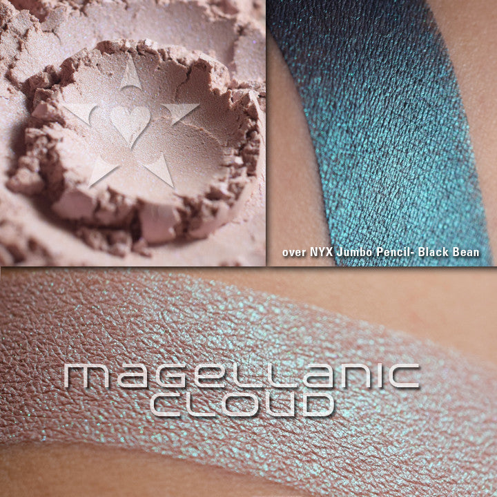 MAGELLANIC CLOUD - MULTI/HIGHLIGHTER swatched on the skin and loose. a buff base with an intense teal iridescence