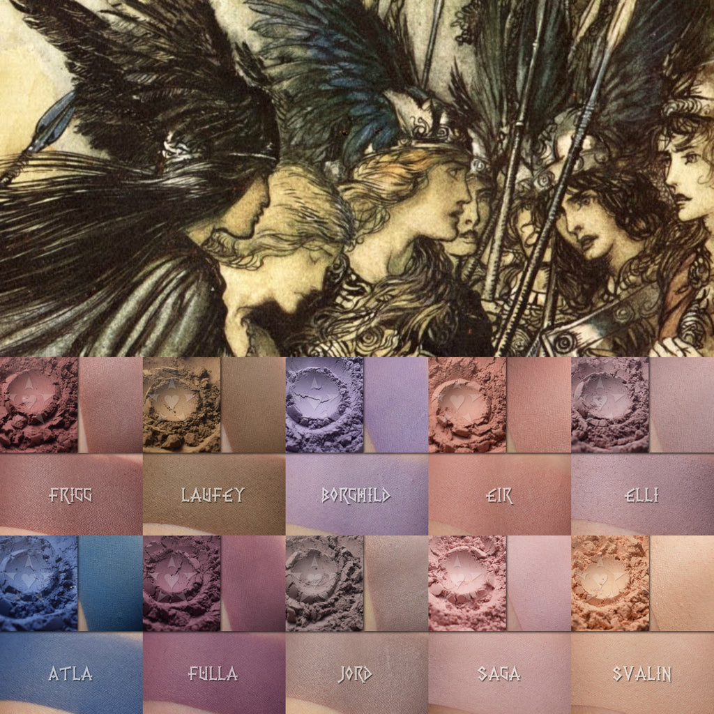 These shades are mid toned, muted natural shades. The colors reflect a drawing by artist Arthur Rackham, of Viking shieldmaidens done in a watercolor and pencil style, shown at top of the image.