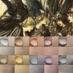 Collage showing the pale toned eyeshadows in the Matte Saga collection. They are nature toned pastels, soft shades. An illustration of Norse shield maidens appears next to the product collages, it shares the same natural tones.