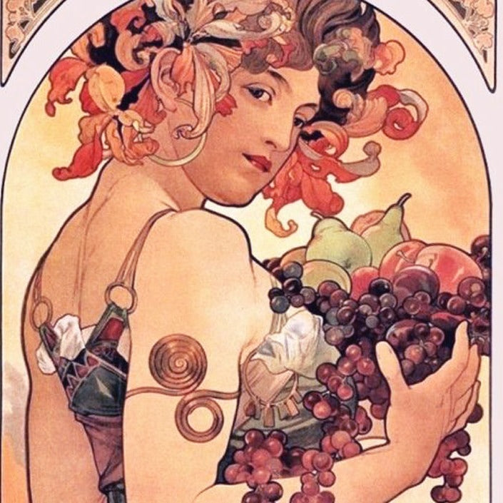 Drawing of a woman in muted natural tones. Roman style dress and holding a cornucopia of fruit and grapes.