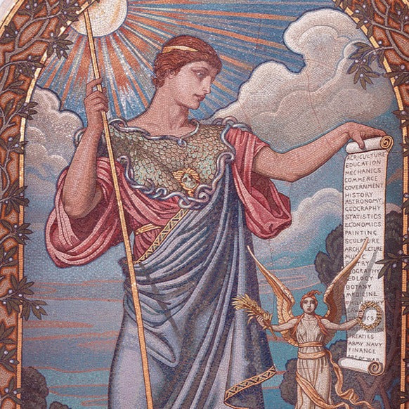Detail of mosaic of Goddess Minerva, in blue and pink robes in front of a blue sky and clouds, holding a scroll.