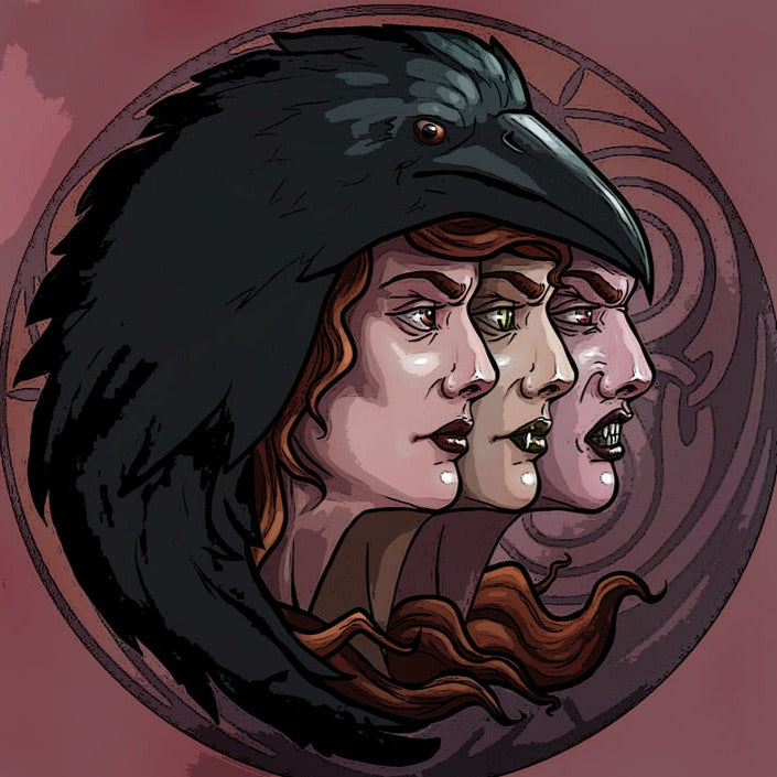 Monotone illustration of the three faces of the goddess Morrigan, surrounded by a black crow.