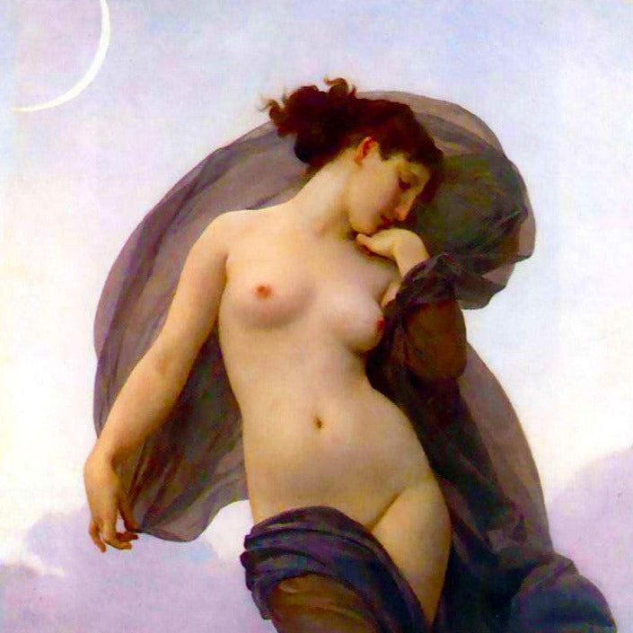Painting of the Goddess Nyx, partly nude and wrapped in dark purple fabric in front of a lilac sky with crescent mon.