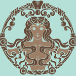 Simple graphic drawing of the goddess oshun with flowing hair and decorative border and a soft teal background.