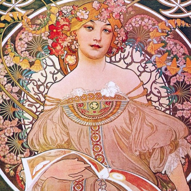 Goddess ostara in pastel drawing style wearing a peach dress and surrounded by flowers.