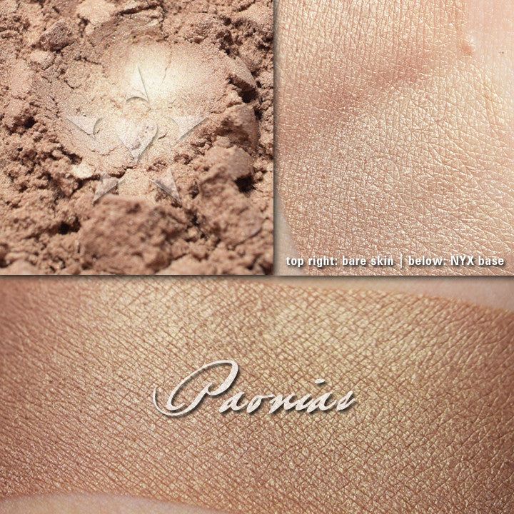 Paonias illuminator loose and swatched on the skin. A muted warm brown.