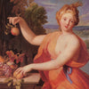 Painting of Pomona in orange robes holding an apple.