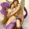 Classical painting of cupid and psyche wrapped in violet fabric and embracing.