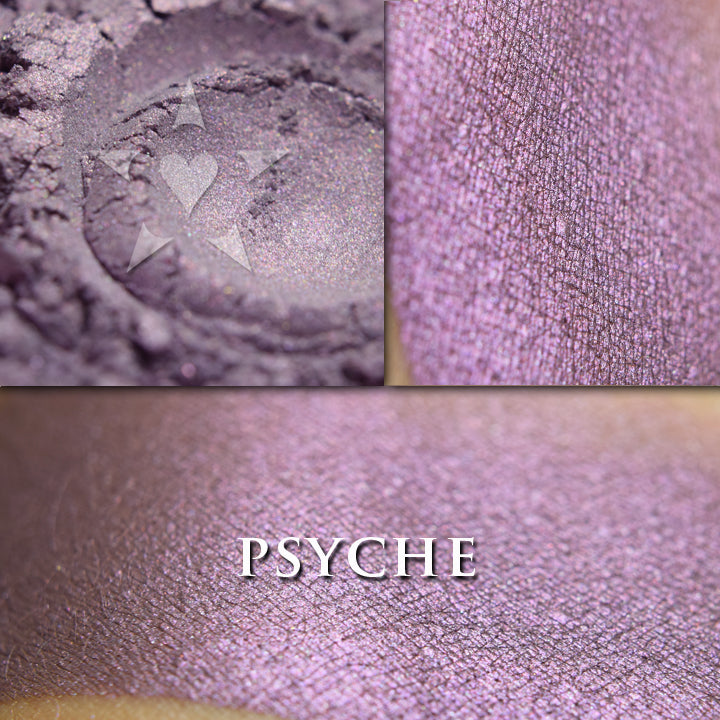 PSYCHE - Rouge  loose and swatched on the skin. Psyche, a beautiful purplish shade with muted burgundy tones.