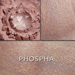 Phospha Illuminator loose and swatched on the skin.  PHOSPHA: A delicate buffed pink with a cool mauve undertone.