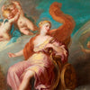 Classical painting of Regina in vivid colors of pink, coral, teal and gold. She is wrapped in pink robes.