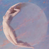 Pale blue and white painting of Selene the goddess's body forming the curve of the moon and a faint shape of the moon behind her.