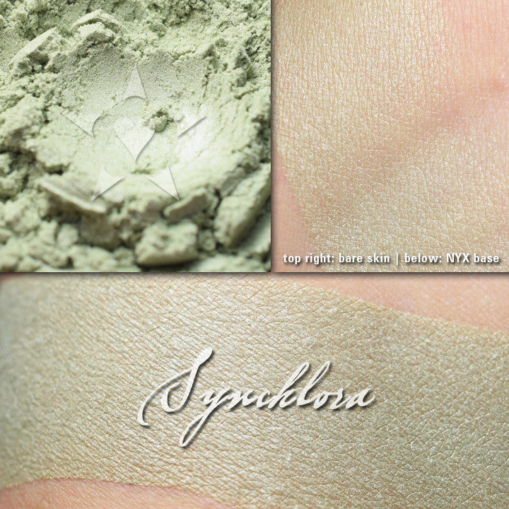 Synchlora illuminator loose and swatched on the skin. . A pale heathery green. 