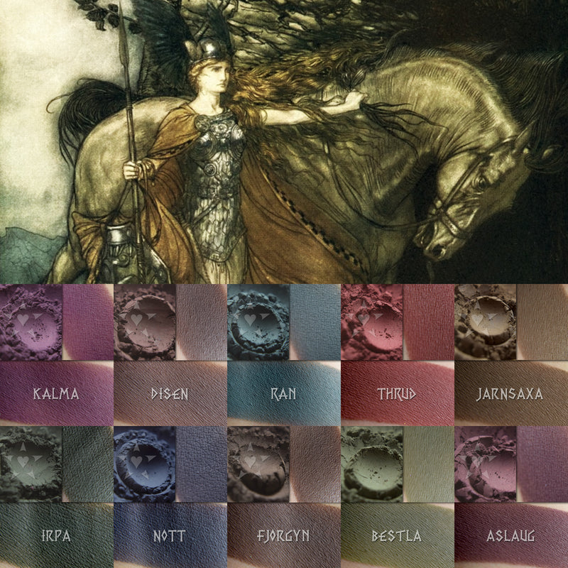 Collage showing ten natural and earth toned matte finish eyeshadows in this Saga collection 1 with illustration of Norse shield maidens with similar natural tones.