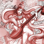 Monotone red and white drawing of goddess Saraswati with long flowing hair and ornate designs, playing an instrument.