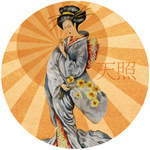 AMATERASU jar label showing the goddess in a flowing kimono with yellow flowers and orange and yellow rays of sun behind her.