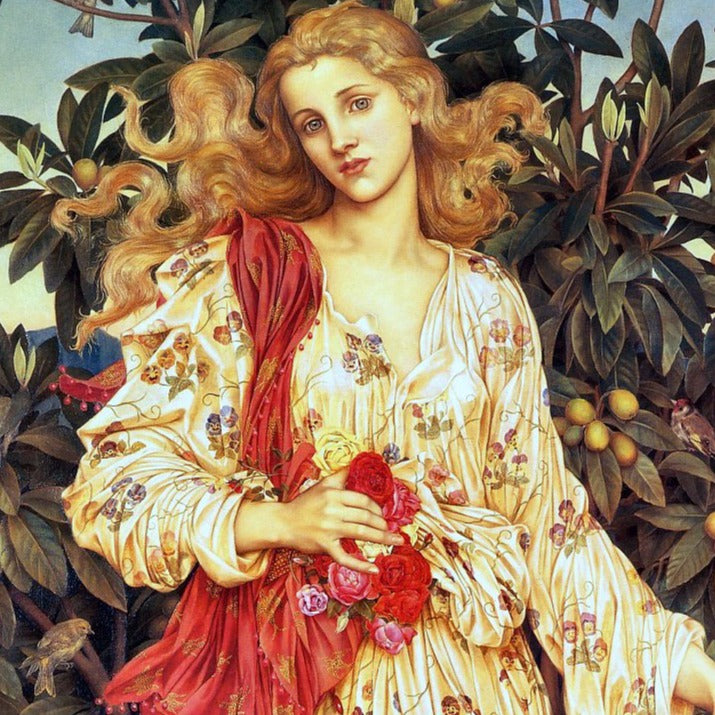 Classical painting of the goddess Terra in a floral dress with long, flowing blonde hair.