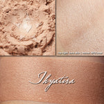 Thyatira illuminator loose and swatched on the skin. A muted peachy buff