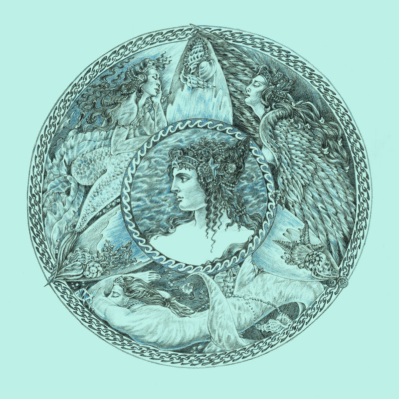 Round black and white illustration showing Thalassa and other sea goddesses with sea creatures.