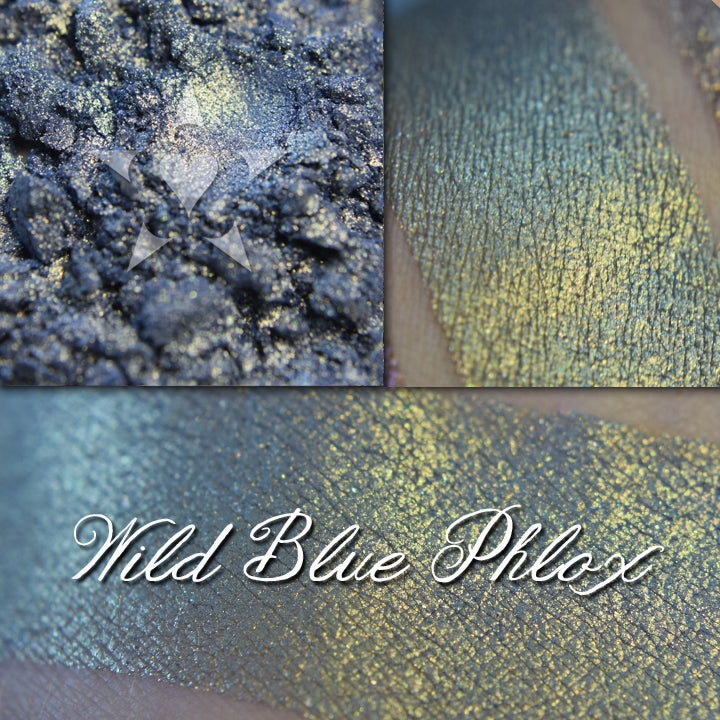 A medium blue with strong gold shift, can appear more teal or green depending on lighting. Shown swatched on skin and loose. Wild Blue Phlox