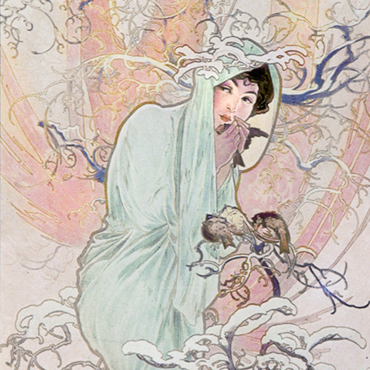 Pastel drawing of a robed woman in the winter forest, done in an asian influenced style.