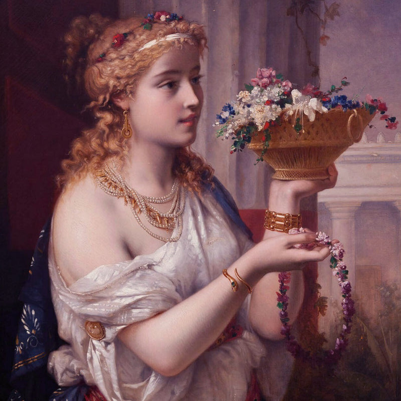 Classical painting of Goddess Vesta in Roman dress, holding a vase of flowers.