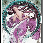 Alphonse Mucha stylized drawing of a woman in purple robes surrounded by turqyuoise stylized patterns.