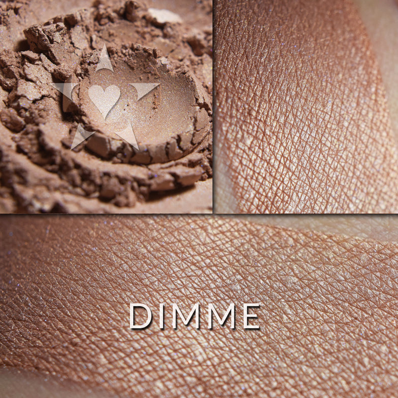 DIMME - Multipurpose Illuminator loose and swatched on the skin. DIMME- A go-to bronze nude with hints of mauve and pink tones.